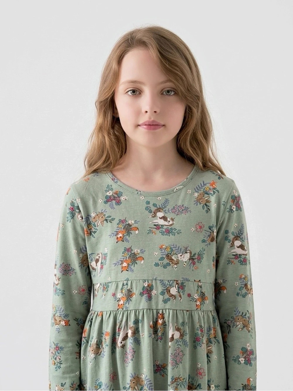 Girls Floral Woodland Printed Long Sleeve Dress